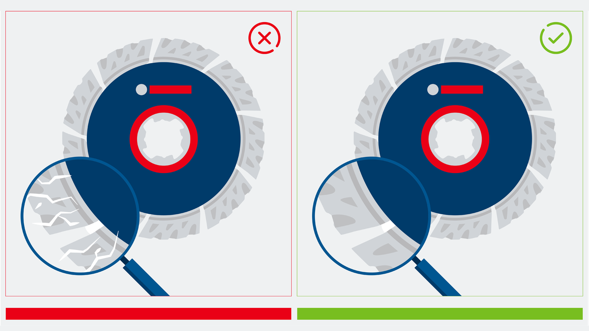 Object #200382365: FAQ_Illustrations_DiamondCuttingDisc_Illu_1.2 돋보기는 절단 디스크를 검사하여 마모된 칼날 가장자리와 손상되지 않은 칼날 가장자리를 비교합니다.
