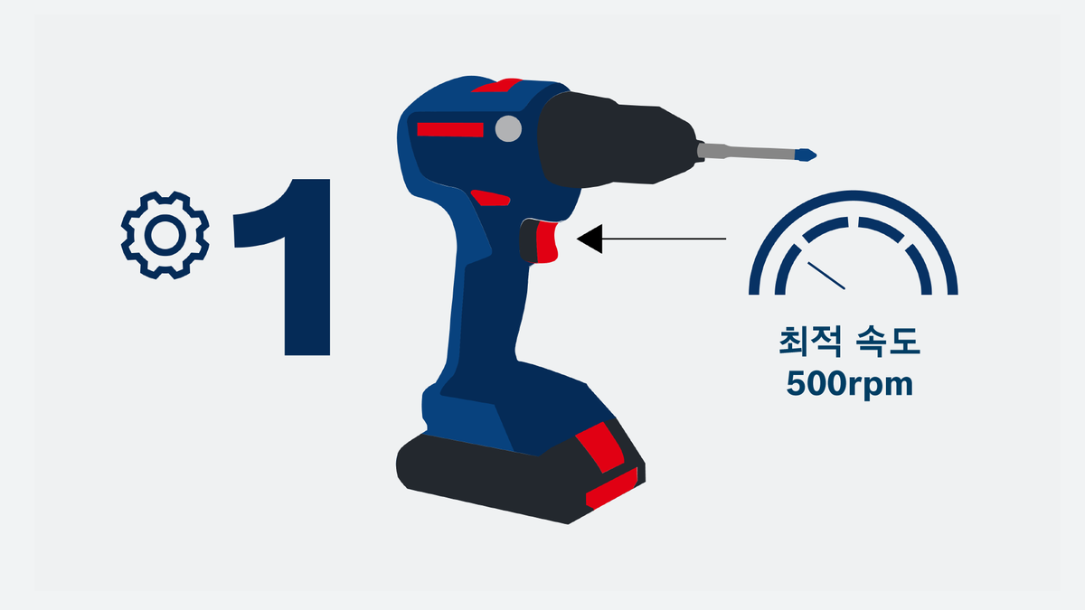 Object #200566995: 04_What_speed_and_gear_to_use_KO_KR_1920x1080 Bosch 드릴 기어 1, 최소 속도 500rpm.
