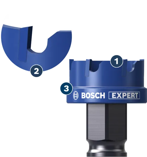 Bosch 엑스퍼트 홀쏘, 강화된 절삭날 장착.