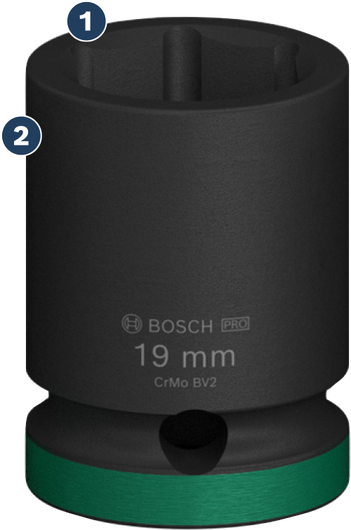 녹색 표시가 있는 Bosch 19mm 임팩트 소켓.