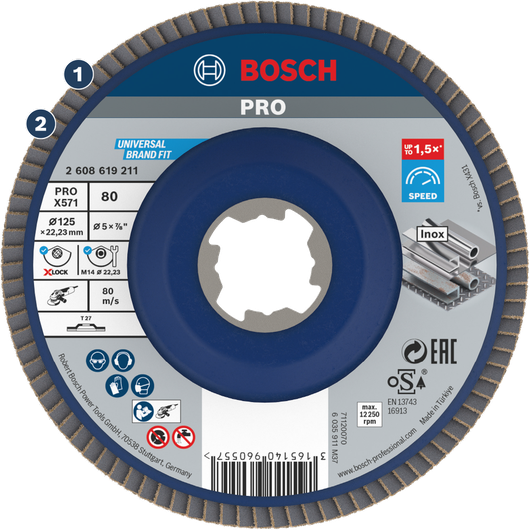 금속 및 스테인리스 스틸 연삭용 Bosch X571 플랩 디스크.