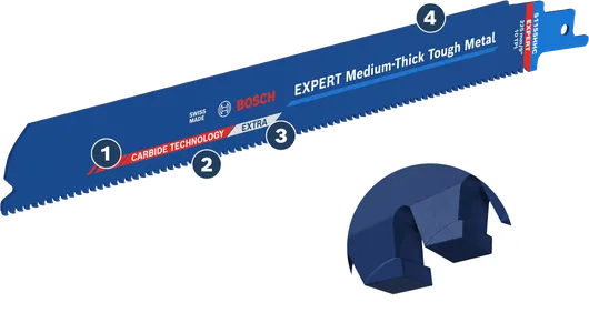 카바이드 이빨이 달린 Bosch Expert Medium-Though Tough Metal 톱날입니다.