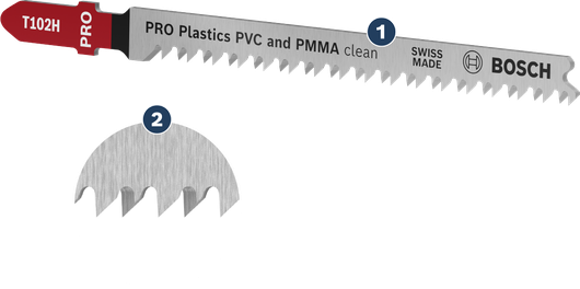 PVC 및 PMMA를 깔끔하게 절단할 수 있는 Bosch T102H 직소날.