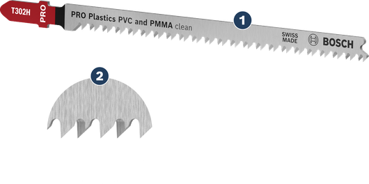 PVC 및 PMMA를 깔끔하게 절단할 수 있는 Bosch T302H 직소날.