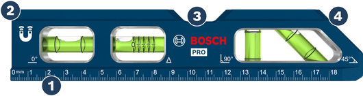 눈금자와 각도 기포관이 있는 Bosch 자석 수평계.
