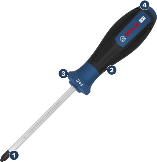 인체공학적 손잡이가 있는 Bosch PH2 스크루드라이버.