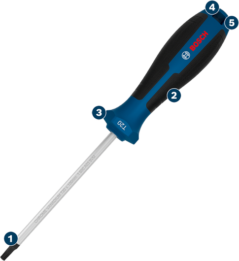 인체공학적 손잡이가 있는 Bosch T20 스크루드라이버.