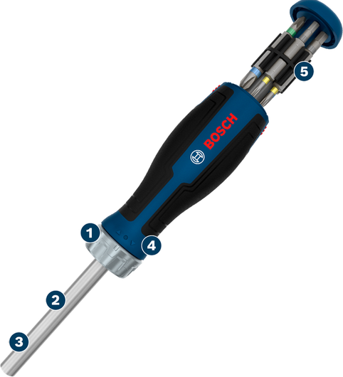 Bosch 비트 라쳇 스크루드라이버 (12개 비트 매거진 포함).