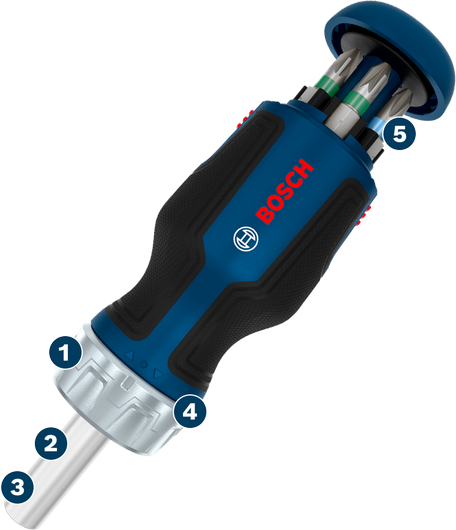 Bosch 스터비 비트 라쳇 스크루드라이버 (비트 6개 포함).