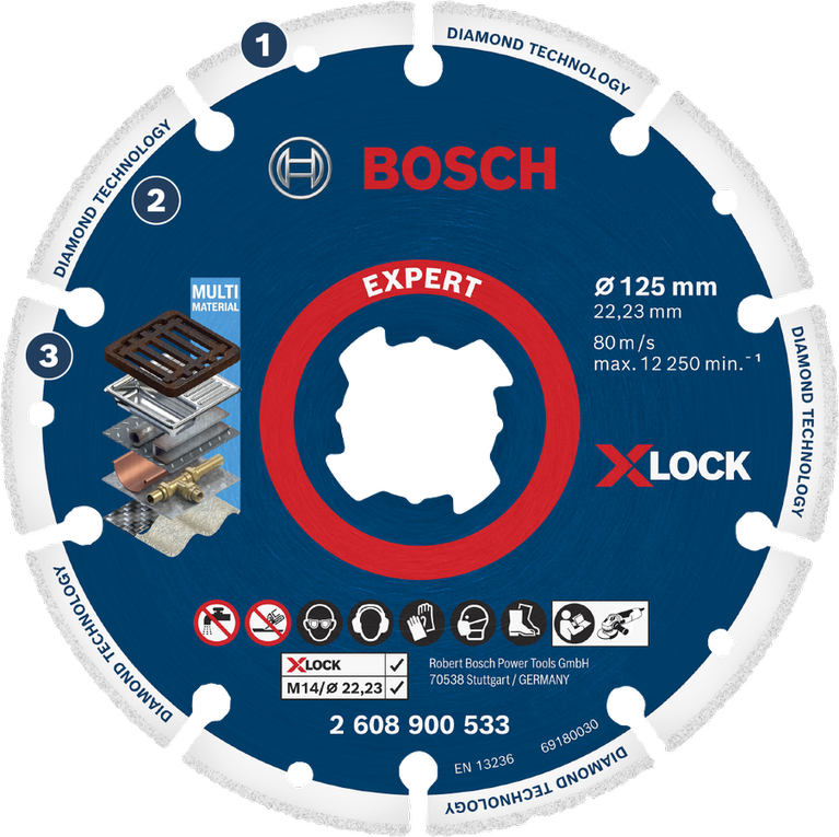 Bosch 엑스퍼트 X-LOCK 다중 소재 다이아몬드 절단 디스크.