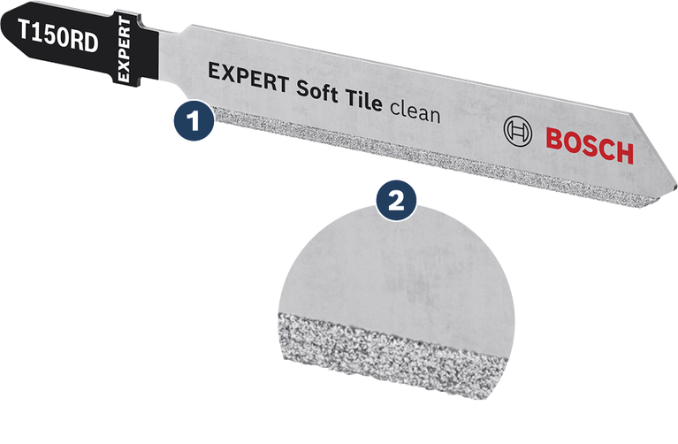 다이아몬드 그릿 에지가 장착된 Bosch EXPERT Soft Tile Clean T150RD 톱날.