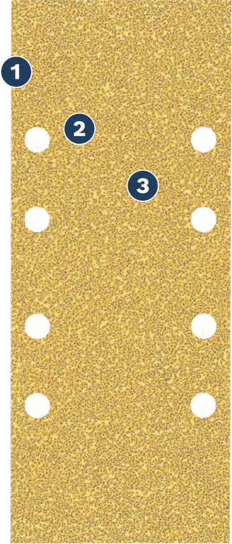 여러 개의 먼지 배출 구멍이 있는 Bosch 직사각형 사포 시트입니다.