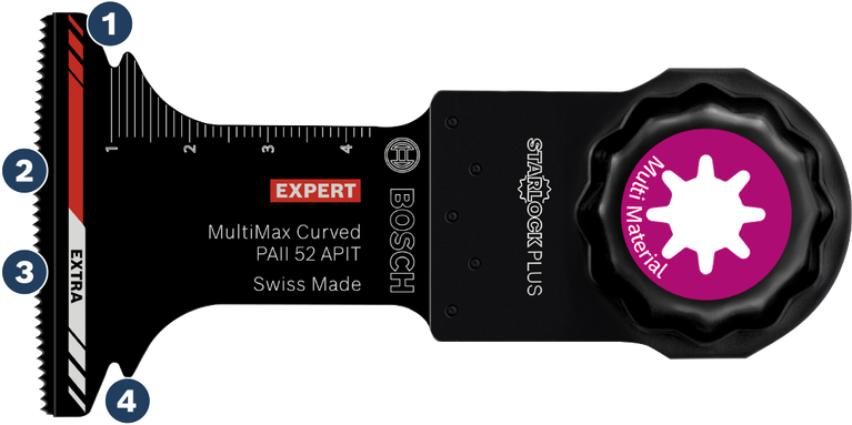 다양한 소재 절단을 위한 Bosch MultiMax Curved PAI 52 APIT Starlock Plus 블레이드.