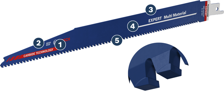 카바이드 이빨이 달린 Bosch EXPERT 다중 소재 왕복 톱날.