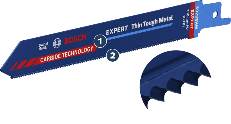 카바이드 이빨이 달린 Bosch Expert Thin Tough Metal 톱날입니다.