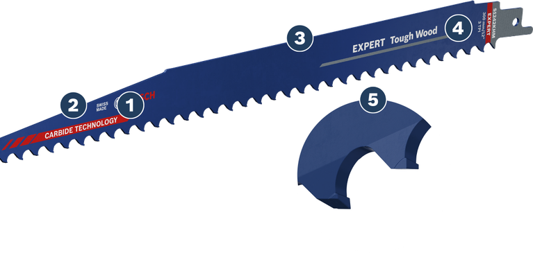 카바이드 이빨이 달린 Bosch EXPERT Tough Wood 왕복 톱날.