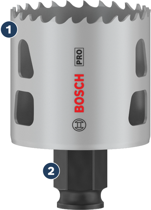 빠른 절단을 위한 카바이드 톱니가 장착된 Bosch 홀 톱.