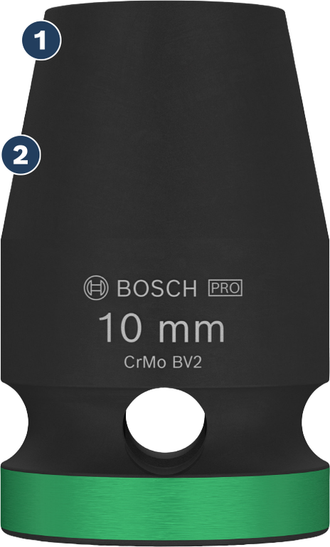 녹색 표시가 있는 Bosch 10mm 임팩트 소켓.