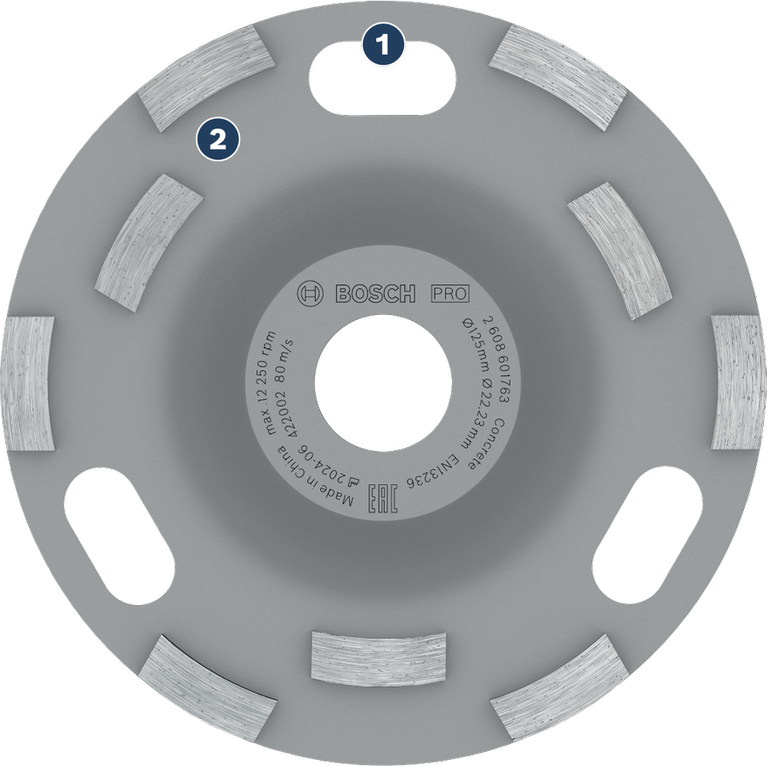 Bosch PRO 콘크리트 연삭 헤드 125mm로 콘크리트를 빠르게 제거할 수 있습니다.