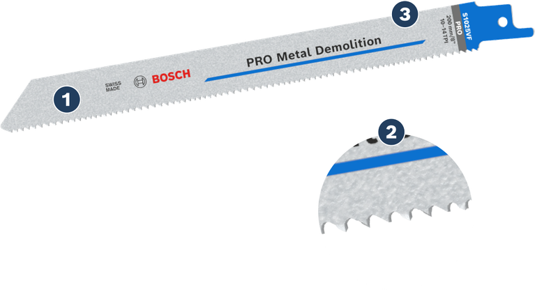 다양한 톱니 모양의 Bosch PRO Metal Demolition S1025VF 블레이드.