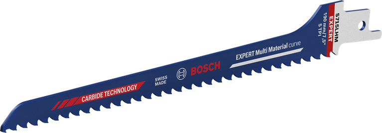 금속이 박혀 있는 목재를 곡선 절단 시 긴 수명을 자랑 Bosch EXPERT S715LHM 목재 및 금속용 왕복톱 톱날.