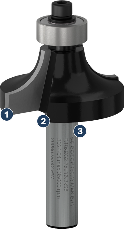 볼 베어링 가이드가 장착된 Bosch 라운드오버 라우터 비트.