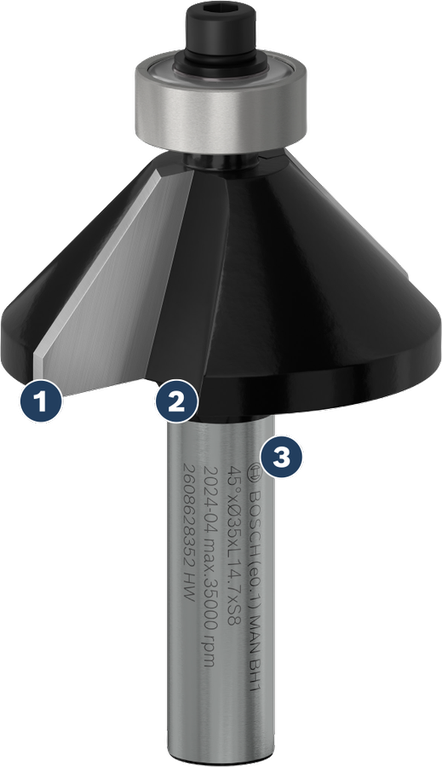 각진 모서리 절단을 위한 Bosch 챔퍼 라우터 비트.