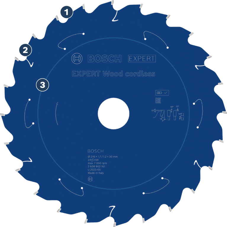 텅스텐 카바이드 이빨이 달린 Bosch 엑스퍼트 우드 무선 톱날.