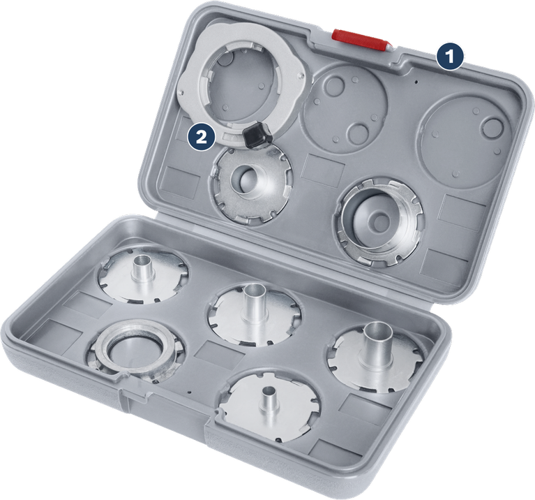 Bosch PRO 템플릿 가이드 세트(임페리얼) 8개입, 케이스 포함.