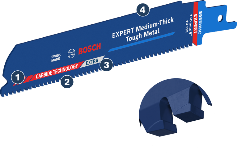 카바이드 이빨이 달린 Bosch Expert Tough Metal 톱날.
