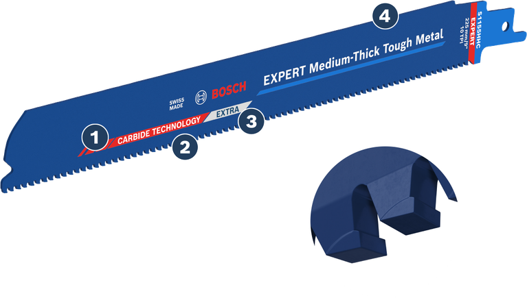 카바이드 이빨이 달린 Bosch Expert Medium-Though Tough Metal 톱날입니다.