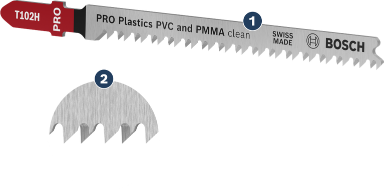 PVC 및 PMMA를 깔끔하게 절단할 수 있는 Bosch T102H 직소날.