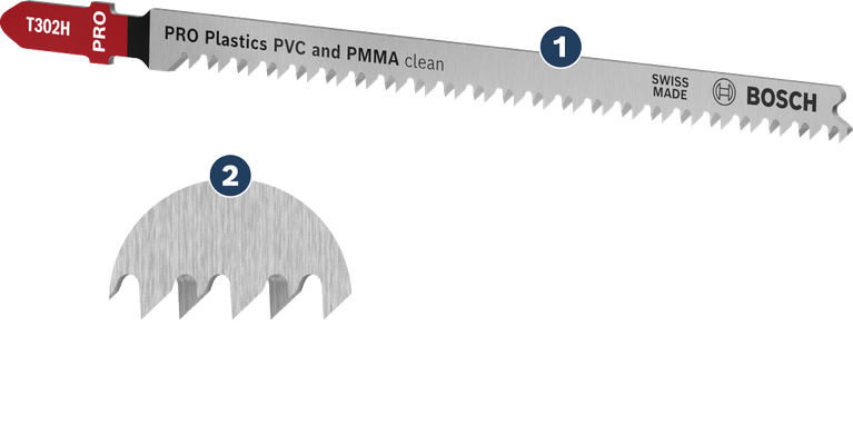 PVC 및 PMMA를 깔끔하게 절단할 수 있는 Bosch T302H 직소날.