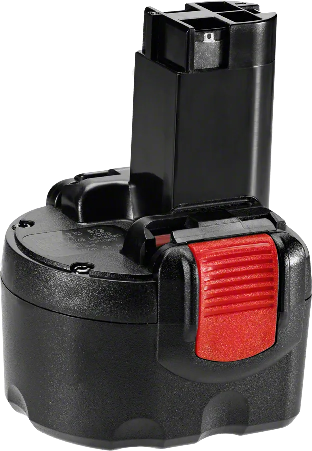 빨간색 릴리스 클립이 달린 Bosch 9V 무선 공구 배터리.