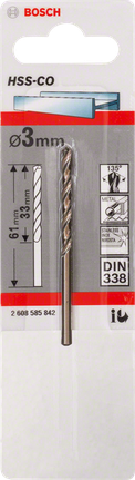 금속 드릴 비트 HSS-Co, DIN 338 Bosch 3mm HSS-Co 금속 드릴 비트.