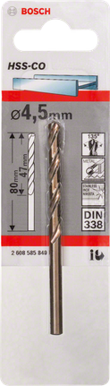 금속 드릴 비트 HSS-Co, DIN 338 Bosch 4.5mm HSS-Co 금속 드릴 비트.