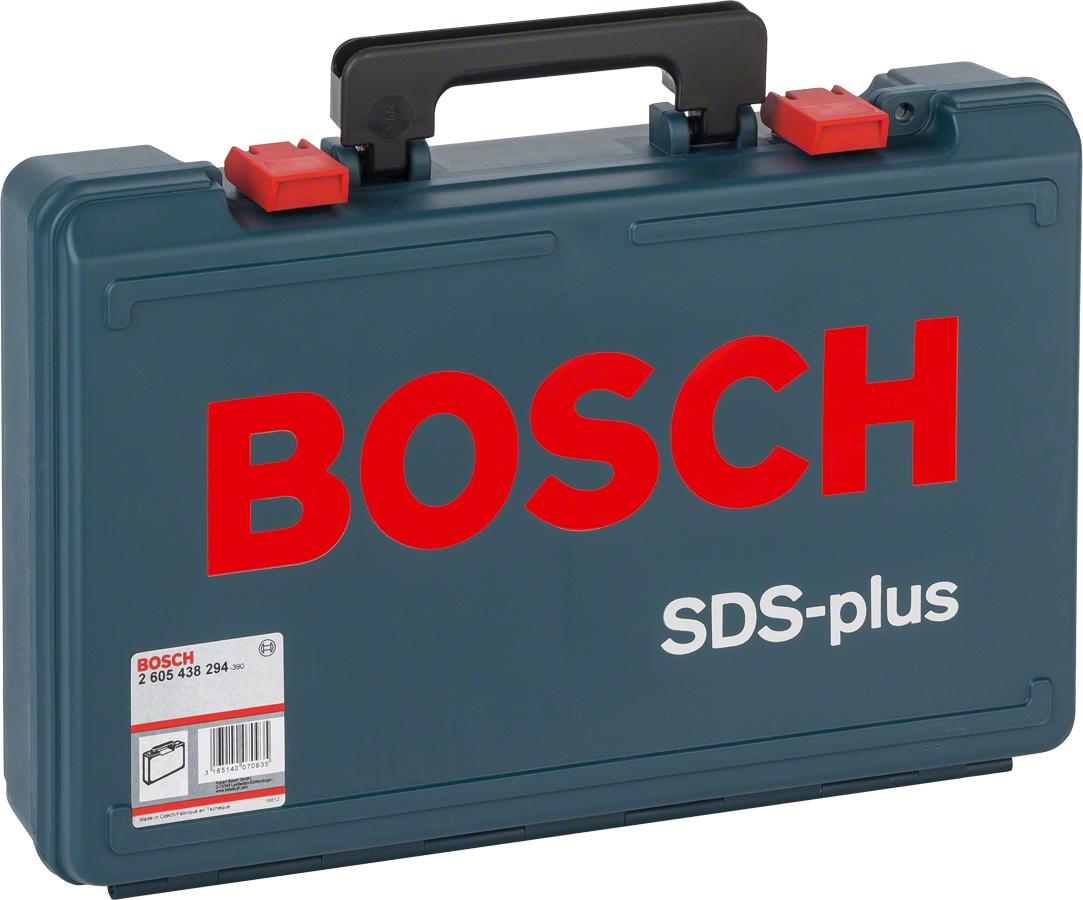 손잡이와 빨간색 래치가 달린 Bosch SDS-plus 플라스틱 케이스.