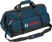어깨끈과 앞주머니가 달린 Bosch 도구 가방.