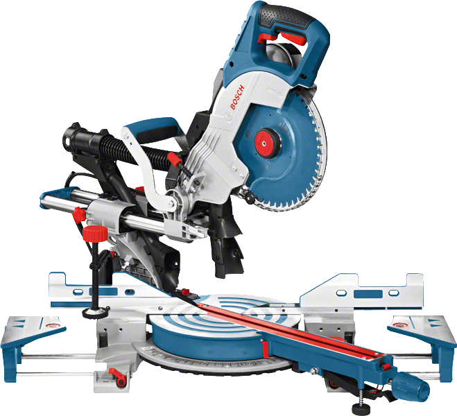 216mm 블레이드가 장착된 Bosch GCM 8 SDE 슬라이딩 미터 톱.