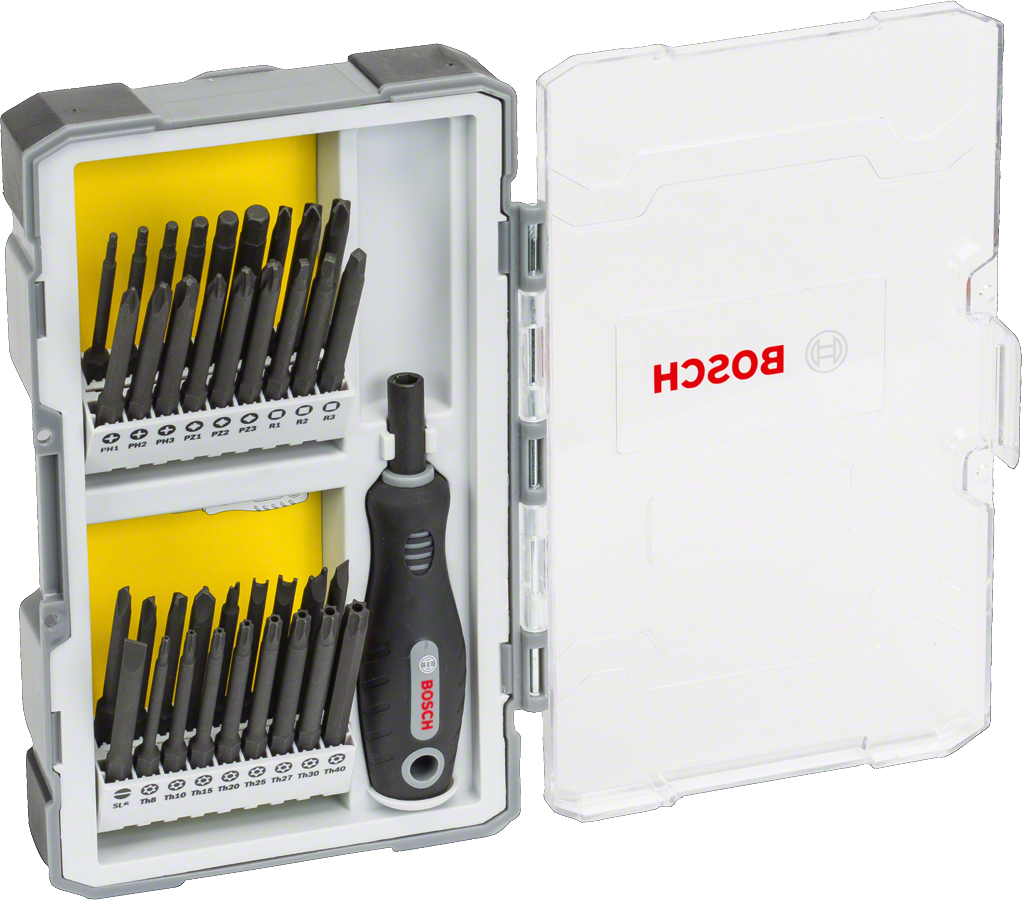 손잡이와 비트 홀더가 포함된 Bosch 37피스 드라이버 세트.