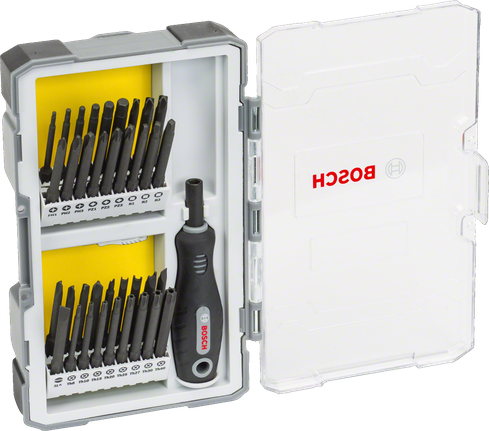 PH, PZ, SL, TH, TQ, H, TW, SP, R 핸들 및 비트 홀더를 포함한 스크루드라이버 37피스 세트 손잡이와 비트 홀더가 포함된 Bosch 37피스 드라이버 세트.