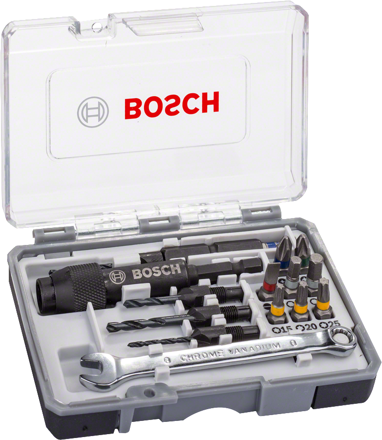 Bosch 20피스 드릴&드라이브 드라이버 비트 세트가 케이스에 들어 있습니다.