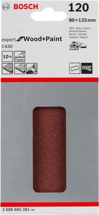 C430 샌딩 시트, 10개들이 팩 Bosch C430 샌딩 시트 80×133mm 120그릿 10개입.