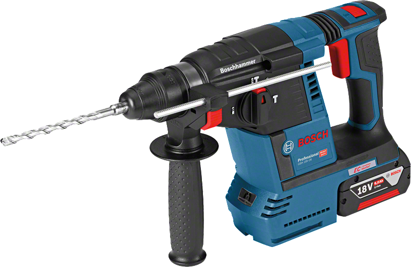 측면 핸들이 달린 Bosch GBH 18V-26 로터리 해머 드릴.