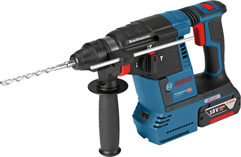 측면 핸들이 달린 Bosch GBH 18V-26 로터리 해머 드릴.