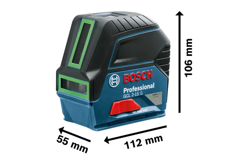 표시된 치수가 적용된 Bosch GCL 2-15 G 콤비 레이저입니다.