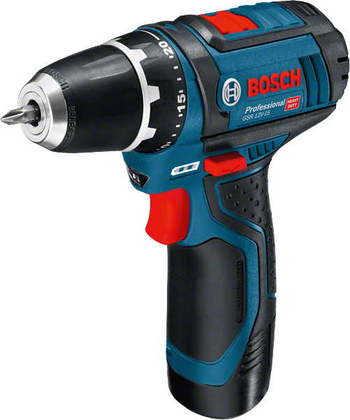 인체공학적 그립을 갖춘 Bosch GSR 12V-15 무선 드릴 드라이버.