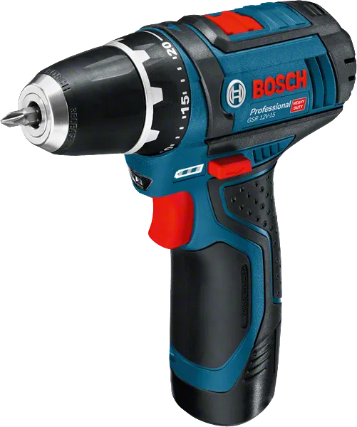 인체공학적 그립을 갖춘 Bosch GSR 12V-15 무선 드릴 드라이버.
