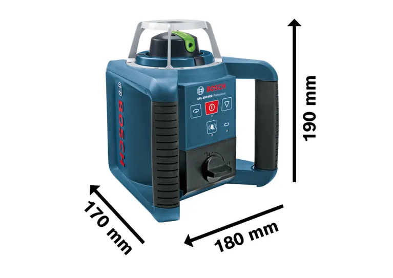 Bosch GRL 300 HVG 회전 레이저 레벨링 공구 (치수 포함).