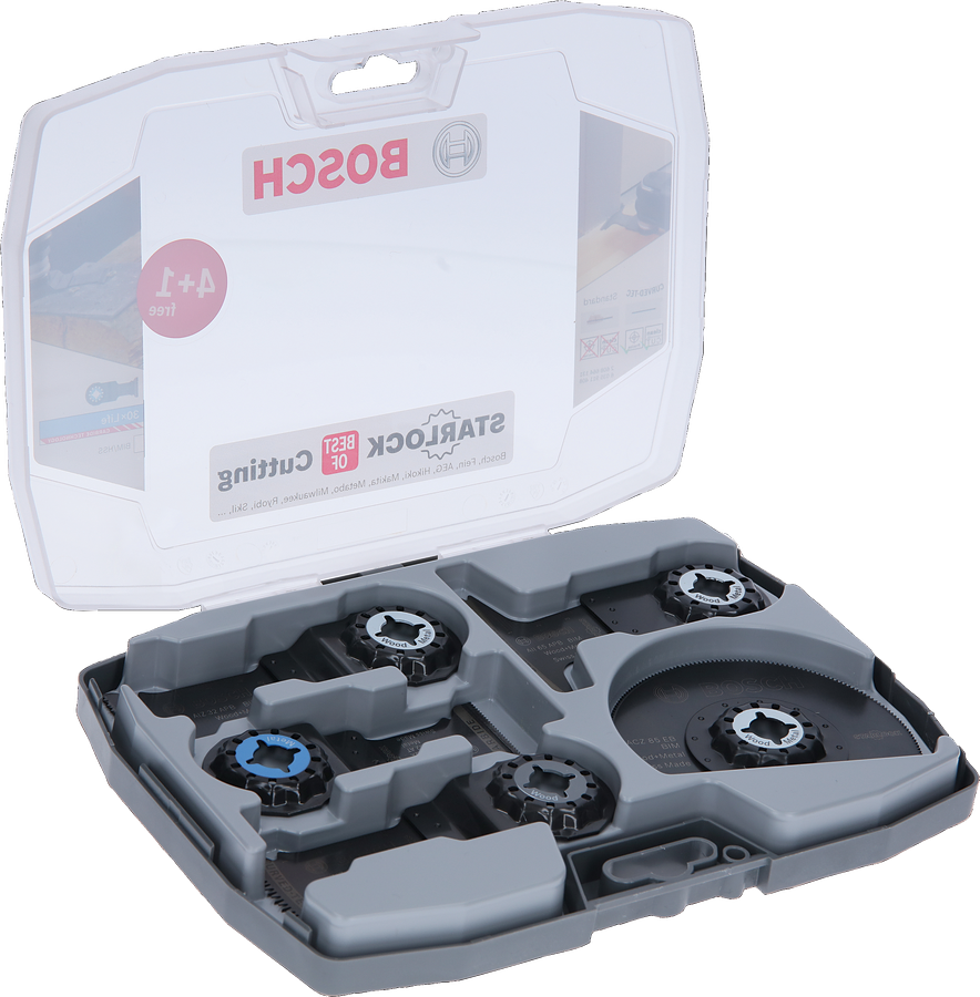 Bosch 5종 목재 및 금속 멀티툴 절단 세트가 케이스에 들어 있습니다.